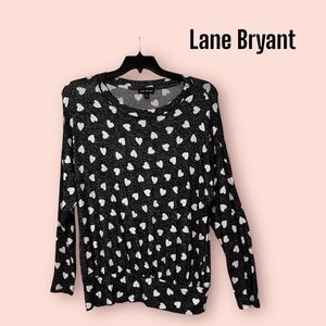 Lane Bryant - Black Top with White Hearts, Size 14/16, Banded Hem, Long Sleeve